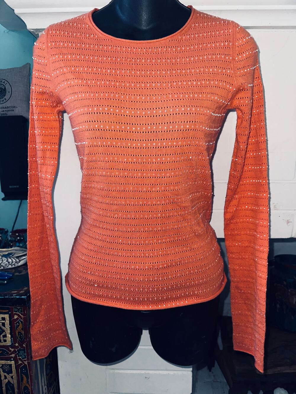 VINTAGE 90's TSESAY TSE ORANGE BEADED COTTON POINTELLE KNIT SWEATER